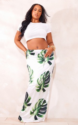Fuste Pretty Little Thing Plus Palm Leaf Printed Satin Low Rise Maxi Albi | FGVU26058