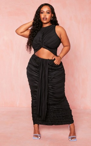 Fuste Pretty Little Thing Plus Plisse Drape Front Maxi Negrii | AOKR47190