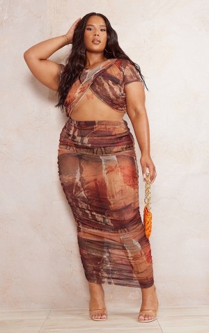 Fuste Pretty Little Thing Plus Printed Mesh Ruched Midaxi Maro | EMTA24931