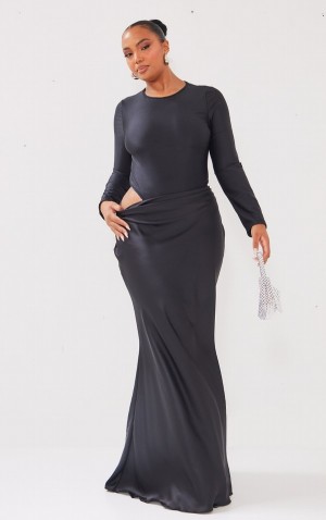 Fuste Pretty Little Thing Plus Satin Cowl Maxi Negrii | UXOD09375