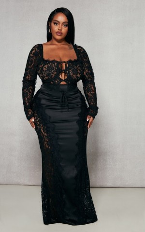 Fuste Pretty Little Thing Plus Satin Dantela Detail Negrii | BVWT85397