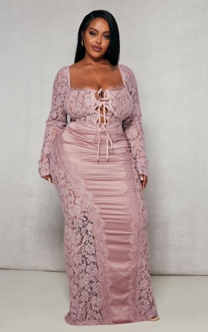 Fuste Pretty Little Thing Plus Satin Dantela Detail Maxi Roz Inchis | WMFG76089
