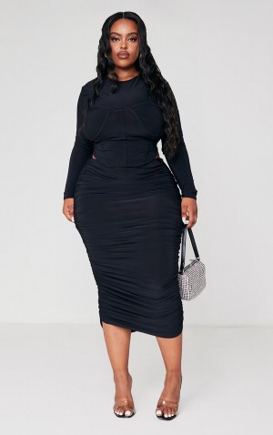 Fuste Pretty Little Thing Plus Slinky Ruched Side Midaxi Negrii | CMJK41935