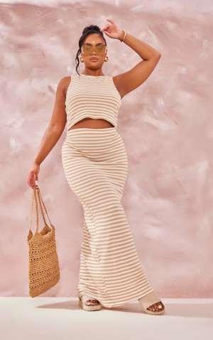 Fuste Pretty Little Thing Plus Stone Stripe Midaxi Gri | HDZN70831