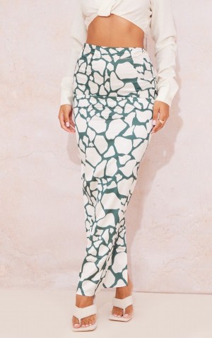 Fuste Pretty Little Thing Printed Satin Maxi Verzi | DIZR49637