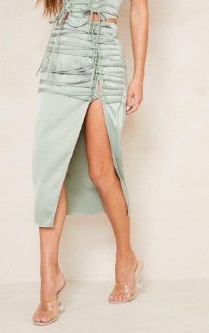 Fuste Pretty Little Thing Sage Satin Dantela Up Back Masline Verzi Kaki | ZYWM50298