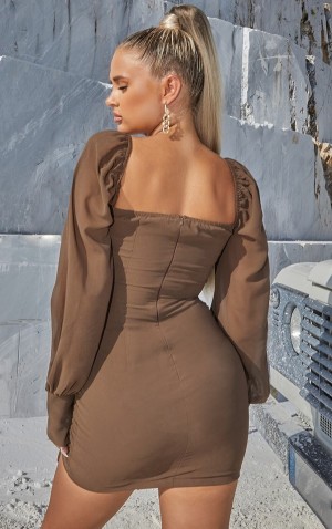 Fuste Pretty Little Thing Taupe Chiffon Long Sleeve Ruched Bodycon Gri Maro | YELK43158
