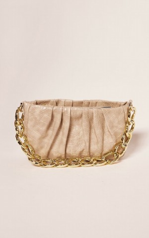 Geanta De Umar Pretty Little Thing Stone PU Croc Chain Gri | BUDE29413