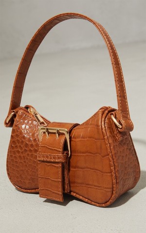 Geanta De Umar Pretty Little Thing Tan Croc Cu Catarama Maro | XNDQ64028