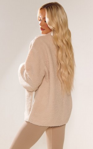 Geci Pretty Little Thing Borg Contrast Piping Fleece Bej | WBDN29081