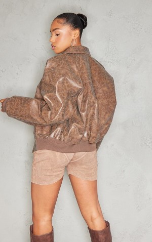 Geci Pretty Little Thing Distressed Faux Piele Oversized Bomber Maro | HBJM35280