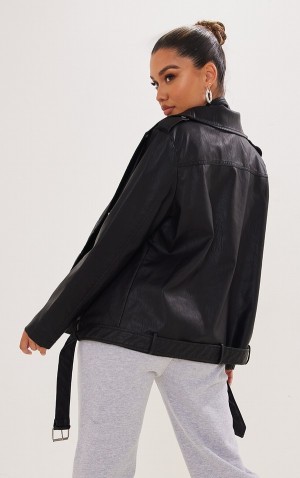 Geci Pretty Little Thing Double Layer TextuFaux Piele Oversized Biciclist Negrii | IVOS34618