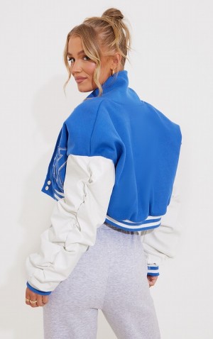 Geci Pretty Little Thing Grafice Front Faux Piele Ruched Sleeve Cropped Bomber Albastri | VZRK90412