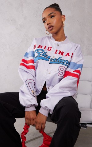 Geci Pretty Little Thing Grafice Front Satin Look Varsity Bomber Albastri | BRTG27043