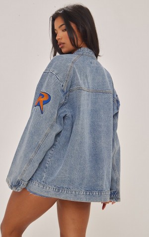 Geci Pretty Little Thing Mid-High Wash Racer Grafice Oversized Albastri Albastru Deschis | UYRB64879