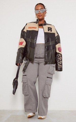 Geci Pretty Little Thing Plus Contrast Panel Oversized Faux Piele Motocross Negrii | YPJT80259