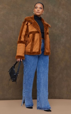 Geci Pretty Little Thing Plus Faux Piele Intoarsa Fur Trim Aviator Maro | SERD34905