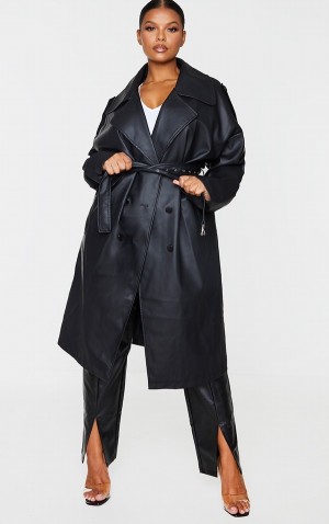 Geci Pretty Little Thing Plus Faux Piele Drop Arm Trench Negrii | AHPC29651