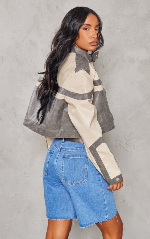 Geci Pretty Little Thing Stone Cropped Distressed Faux Piele Racer Gri | LTAX96025