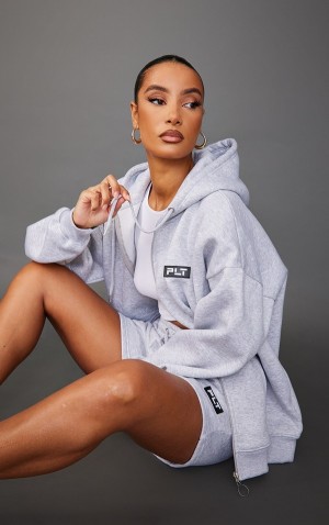 Hanorac cu Gluga Pretty Little Thing Ash Badge Oversized Zip Up Gri | QCSG12483