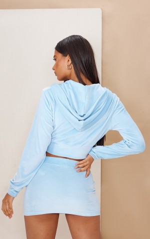 Hanorac cu Gluga Pretty Little Thing Baby Velour Cropped Albastri | MTRE43091