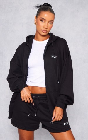 Hanorac cu Gluga Pretty Little Thing Badge Oversized Zip Up Negrii | PWXJ91453