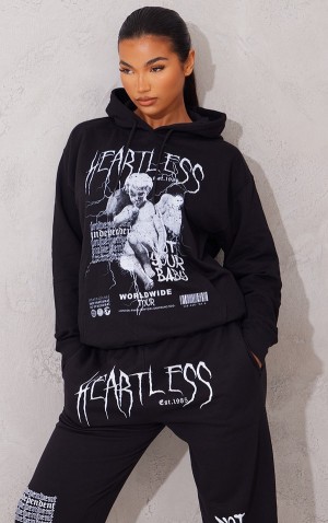 Hanorac cu Gluga Pretty Little Thing Heartless Grafice Printed Negrii | ZYGB86139