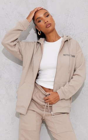 Hanorac cu Gluga Pretty Little Thing Mocha Printed Extreme Oversized Zip Throug Bej | ZVNO58947