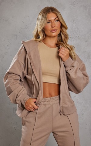 Hanorac cu Gluga Pretty Little Thing Mocha Seam Detail Oversized Zip Through Bej | ZFYS83402