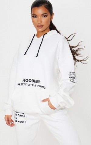 Hanorac cu Gluga Pretty Little Thing Oversized Grafice Printed Pocket Front Albi | XBRN08597