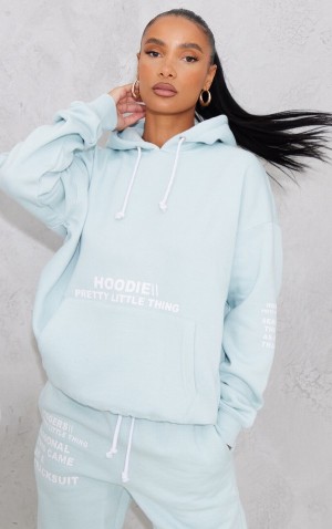 Hanorac cu Gluga Pretty Little Thing Oversized Grafice Printed Pocket Front Albastri Deschis | UTYO39714