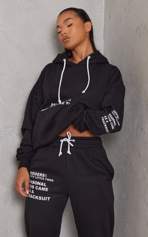 Hanorac cu Gluga Pretty Little Thing Oversized Grafice Printed Pocket Front Negrii | HCTG18364