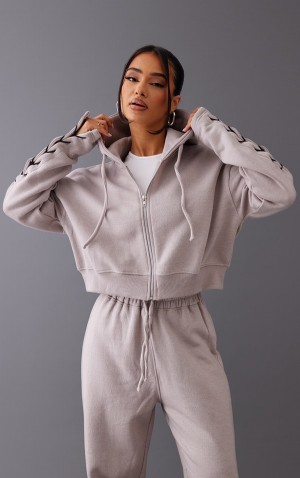 Hanorac cu Gluga Pretty Little Thing Petite Ash Zip Up Cropped Gri | BZVS31854