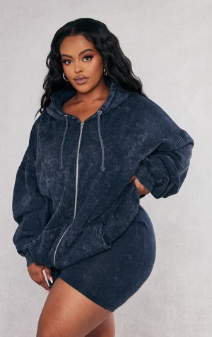 Hanorac cu Gluga Pretty Little Thing Plus Charcoal Washed Oversized Zip Gri | HFMA89342