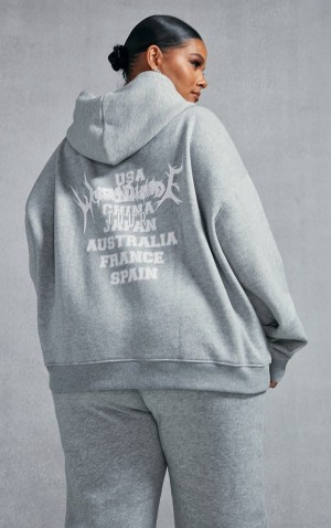 Hanorac cu Gluga Pretty Little Thing Plus Marl Worldwide Grafice Zip Up Gri | QLYB68214