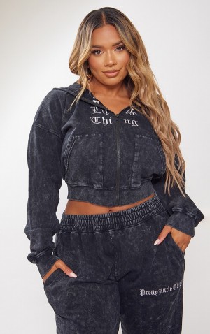 Hanorac cu Gluga Pretty Little Thing Shape Charcoal Printed Zip Through Washed Gri | WYCL58067