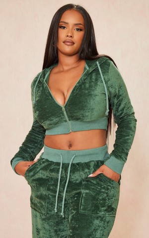 Hanorac cu Gluga Pretty Little Thing Shape Velour Cropped Verzi Inchis | AMCL01423