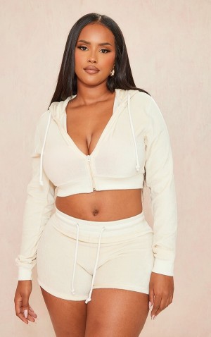 Hanorac cu Gluga Pretty Little Thing Shape Stone Velour Cropped Gri | QNZF73402