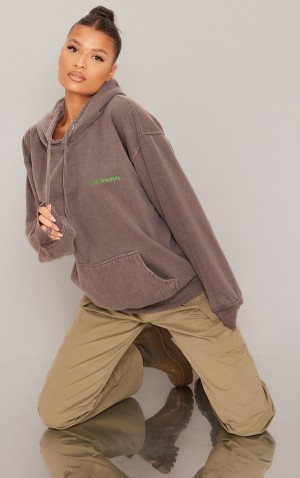 Hanorac cu Gluga Pretty Little Thing Washed Oversized Ciocolata | YTPL51267