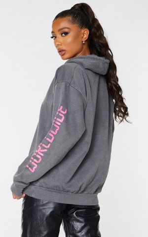 Hanorac cu Gluga Pretty Little Thing Worldwide Grafice Oversized Gri | QMUP93462