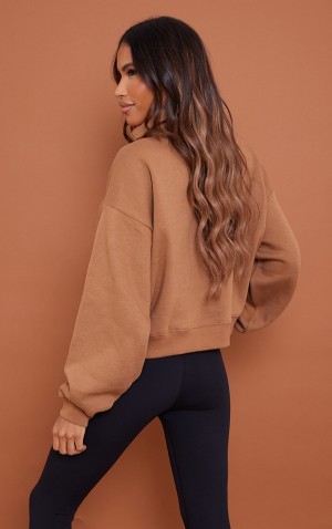 Hanorace Pretty Little Thing Double Pocket Half Zip Seam Detail Ciocolata | CNKG07189