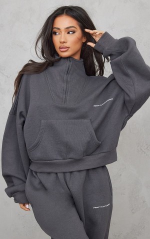 Hanorace Pretty Little Thing Petite Charcoal Half Zip Oversized Gri | WGVF49237