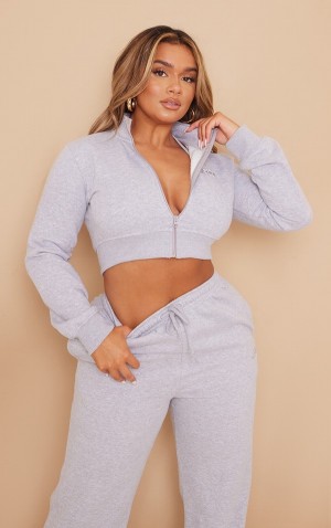 Hanorace Pretty Little Thing Shape Marl EmbroideCropped Zip Gri | KYER10689