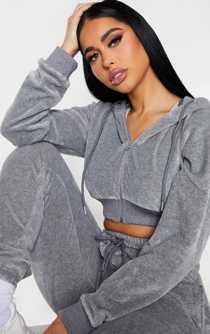 Hanorace Pretty Little Thing Shape Velour Extreme Crop Gri | KEZQ13065