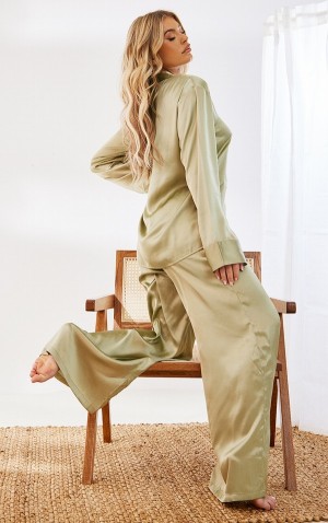 Lenjerie Pretty Little Thing Sage Satin Oversized Long Masline Verzi Verzi | LIPA27481