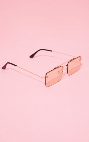 Ochelari de Soare Pretty Little Thing Aviator Rectangular Maro | WRSQ78064