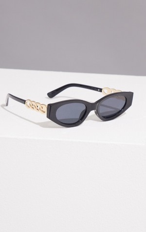 Ochelari de Soare Pretty Little Thing Chain Detail Round Cat Eye Negrii | GXKE70614