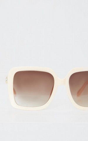Ochelari de Soare Pretty Little Thing Creamnded Oversized Square Albi | DFOP67938