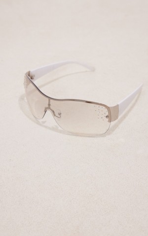 Ochelari de Soare Pretty Little Thing Diamante Detail Curved Visor Albi | VNXF15938