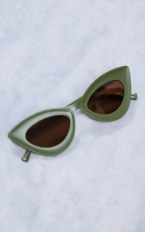 Ochelari de Soare Pretty Little Thing Matte Edged Frame Cat Eye Kaki | DKML41526